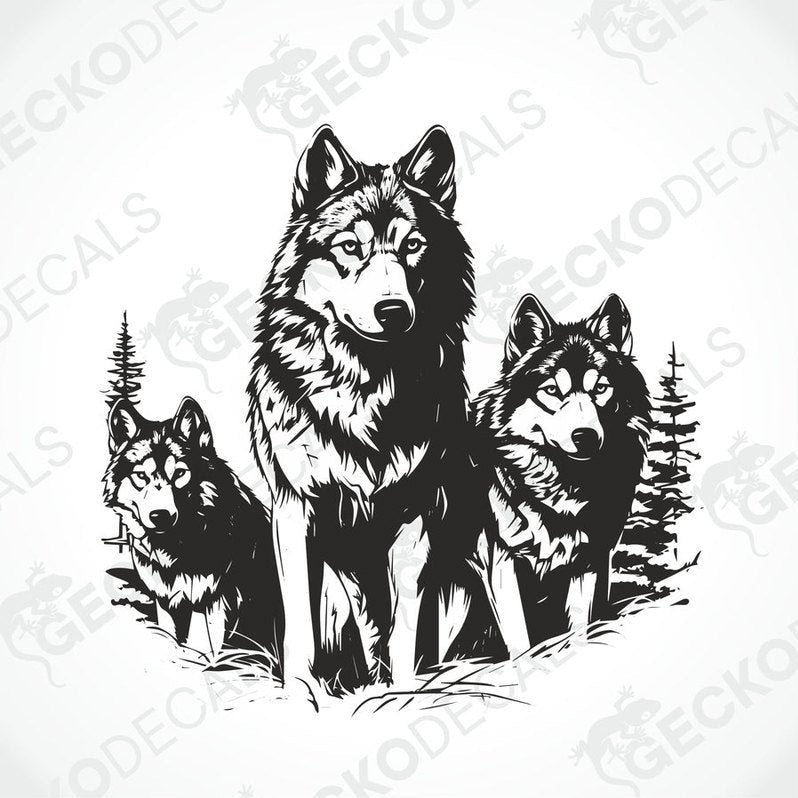 A black decal of three wolves walking in the forest, positioned on the rear of a white vehicle.