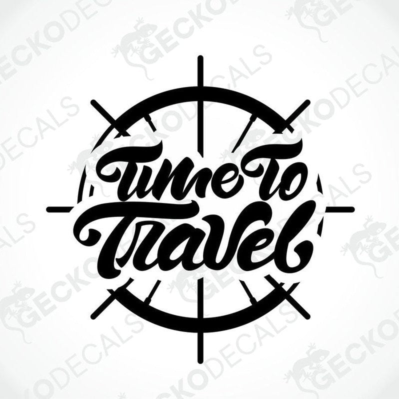 Black Time to Travel die-cut decal with compass rose design on transfer paper