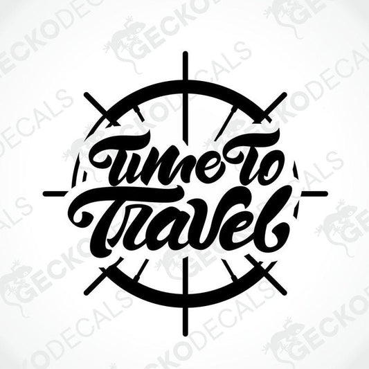 Black Time to Travel die-cut decal with compass rose design on transfer paper