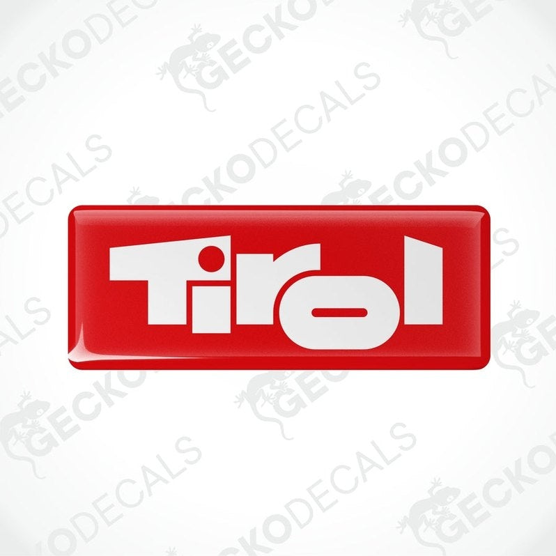 Single red Tirol domed epoxy resin sticker with white lettering
