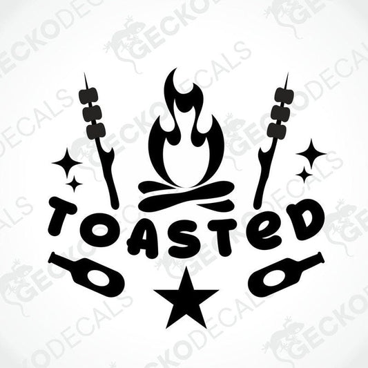 Black TOASTED campfire die-cut decal with marshmallow skewers and stars for car or laptop