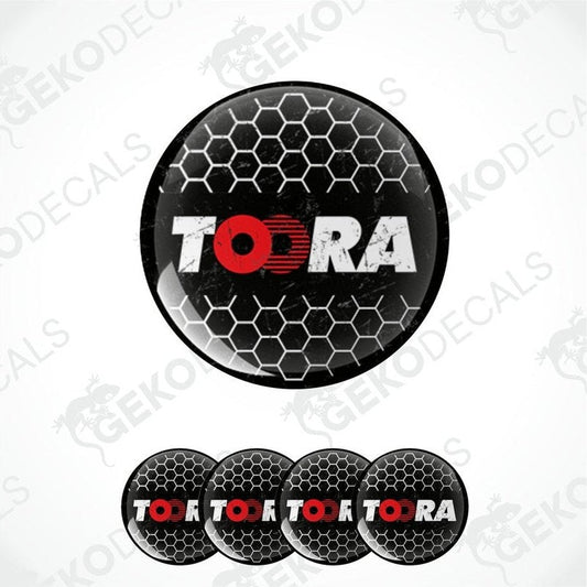 A set of four round car decals with the brand name 'TOORA' prominently featured in a honeycomb pattern design.