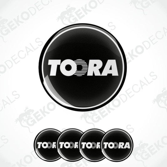 A set of four black vinyl decals with the brand name 'TOORA' in white letters.
