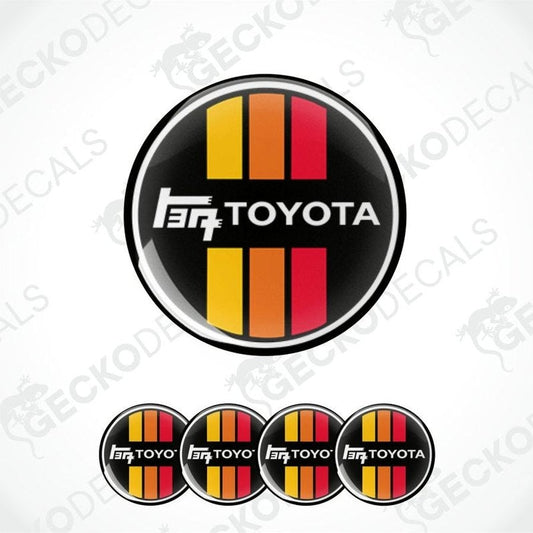 Set of Toyota GT-FOUR logos with red and yellow stripes on a white background.