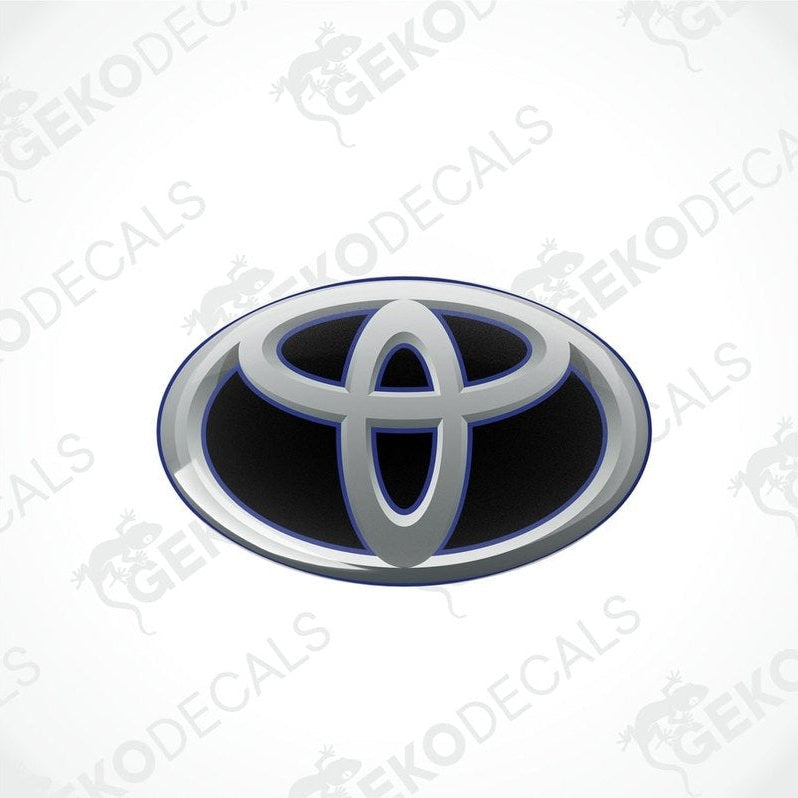 Blue and silver Toyota branded vinyl stickers with a dome shape and a polyurethane coating.