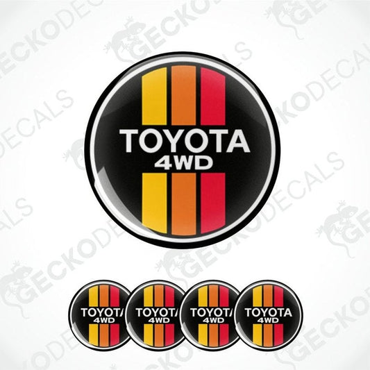 Set of Toyota 4WD stickers with black background and colorful stripes on a white background.