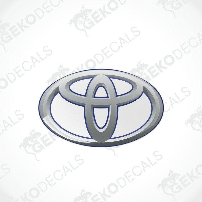  Blue and silver Toyota branded vinyl stickers with a dome shape and a polyurethane coating.