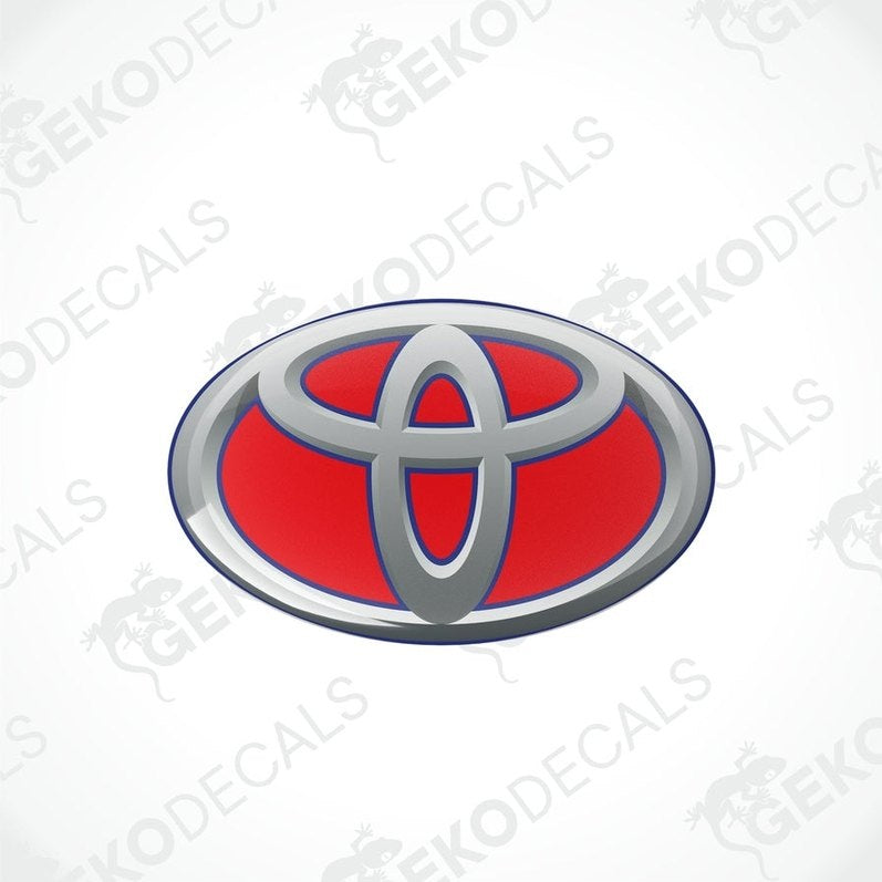 Blue and silver Toyota branded vinyl stickers with a dome shape and a polyurethane coating.