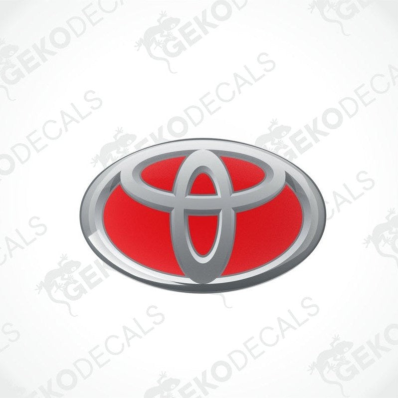 Toyota branded vinyl stickers with a dome shape and a silver and red color scheme.