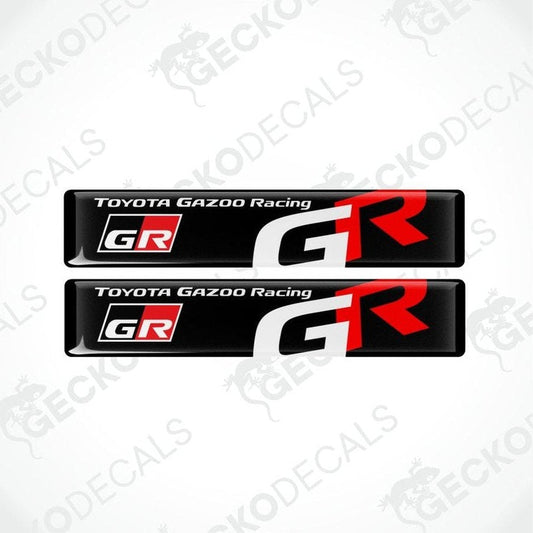 Two Toyota Gazoo Racing GR emblems  epoxy decal on a white background with 'Gecko Decals' branding.