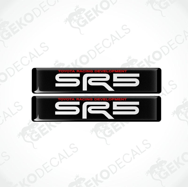 Two black, red, and white vinyl decals with the text 'SR5 TOYOTA RACING DEVELOPMENT' on them.