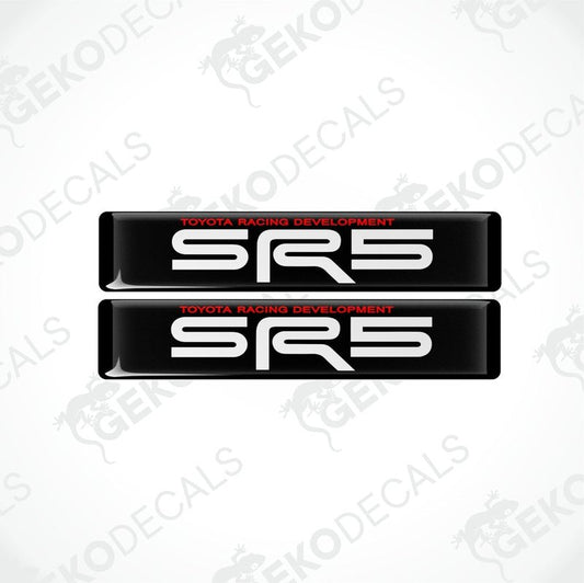 Two black, red, and white vinyl decals with the text 'SR5 TOYOTA RACING DEVELOPMENT' on them.