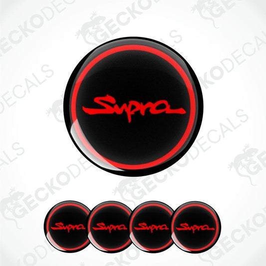 Supra logo inside a red circle on a black background epoxy decal