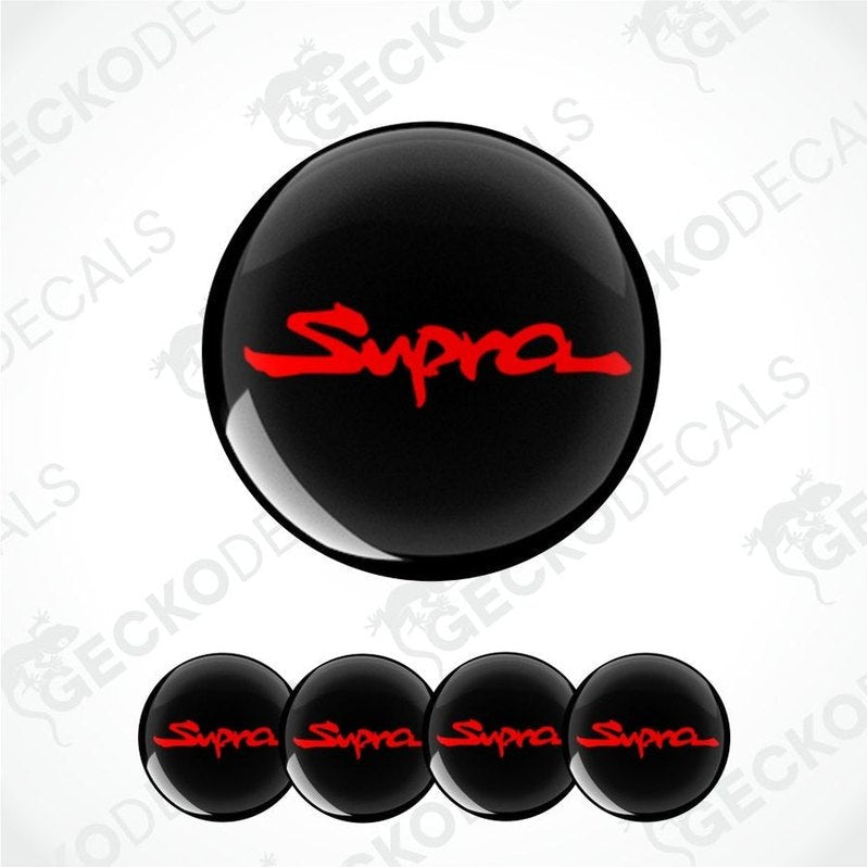 Red Supra logo on black background epoxy decal and multiple variants on a white background.
