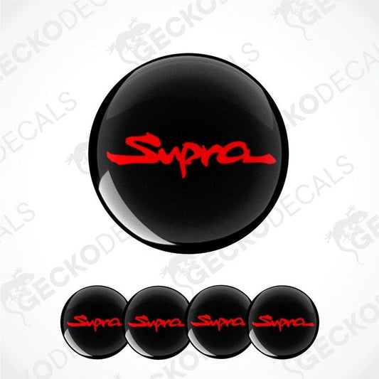 Red Supra logo on black background epoxy decal and multiple variants on a white background.