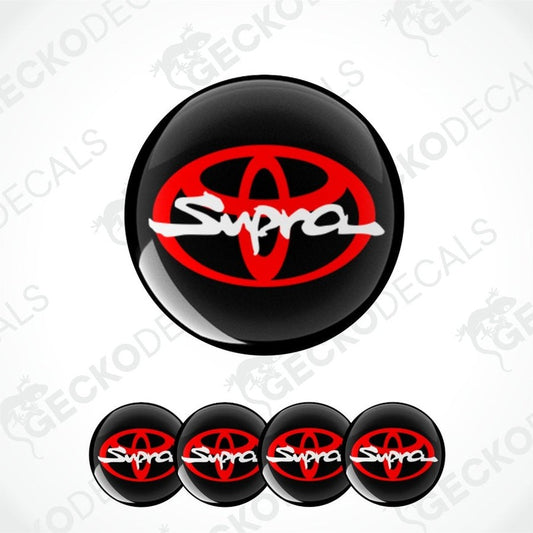 Red Toyota logo with white Supra logo in center on black background epoxy decal, multiple variants on a white background.