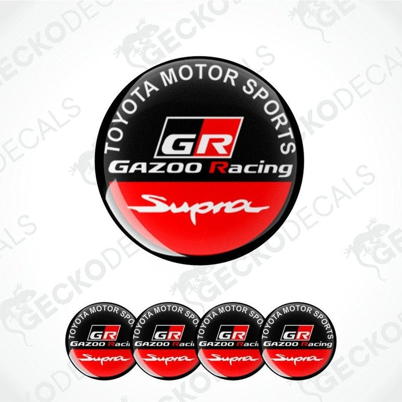 Toyota Motor Sports Gazoo Racing Supra logo epoxy decal and multiple variants on a white background.