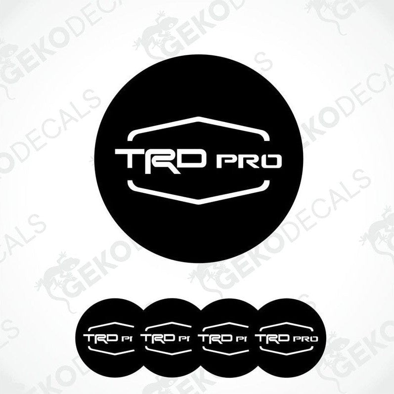A set of four black vinyl stickers with the 'TOYOTA TRD PRO' logo, designed for use as car decals.