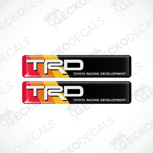 Two TRD Toyota Racing Development decals on a white background with 'Gecko Decals' branding.