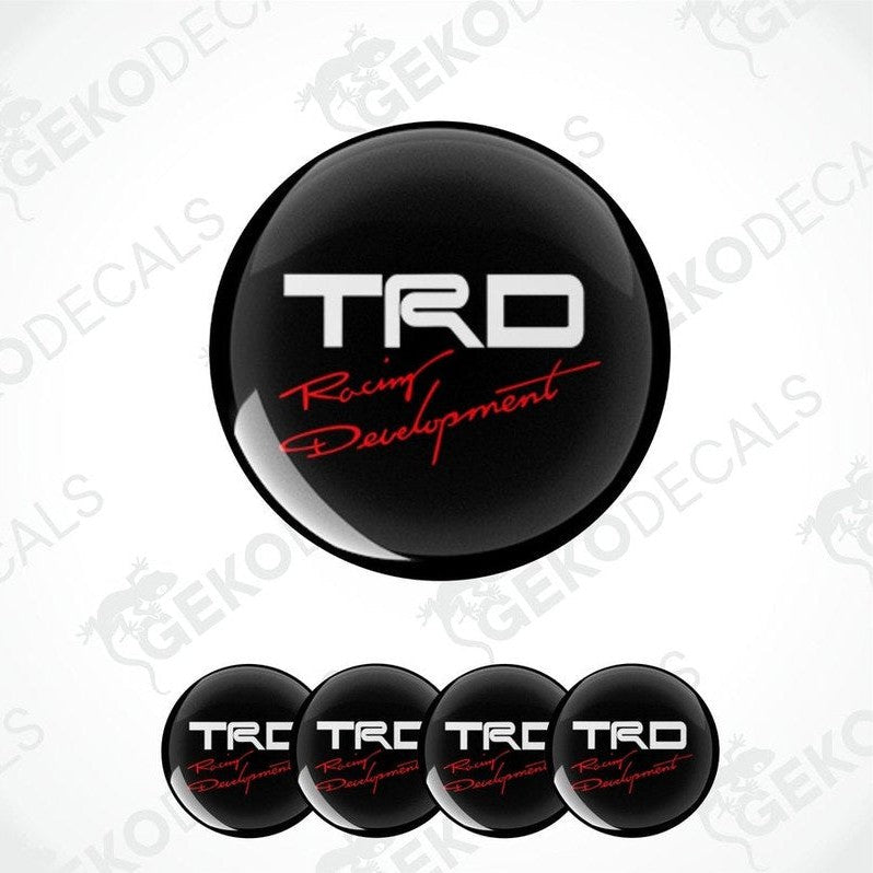 A set of black, red, and white TRD Racing Development vinyl decals designed for car customization.