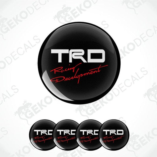 A set of black, red, and white TRD Racing Development vinyl decals designed for car customization.