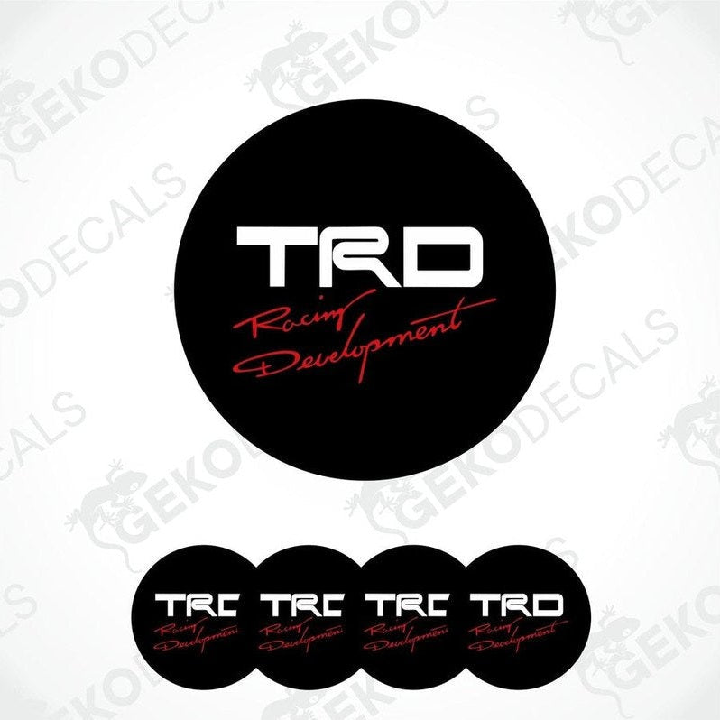 A set of black, red, and white TRD Racing Development vinyl decals designed for car customization.