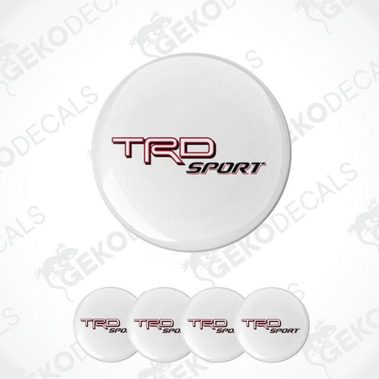A set of white vinyl stickers with the TOYOTA TRD SPORT logo in red and black, including four stickers with a dome shape designed for vehicle use.