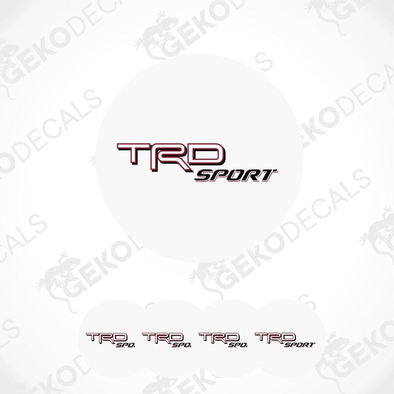 A set of white vinyl stickers with the TOYOTA TRD SPORT logo in red and black, including four stickers with a dome shape designed for vehicle use.
