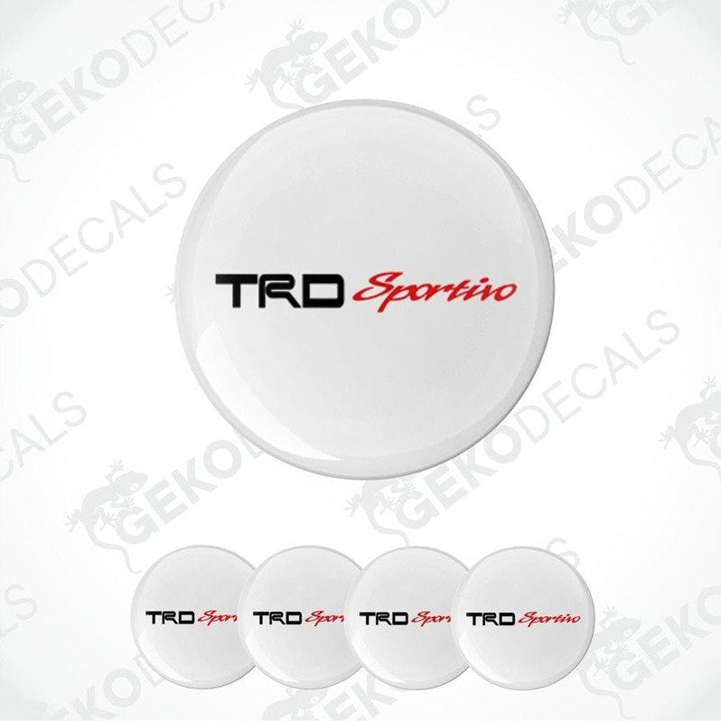 A set of four white vinyl decals with the 'TRD Sportivo' logo in red and black.