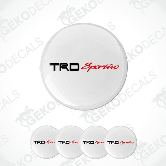 A set of four white vinyl decals with the 'TRD Sportivo' logo in red and black.