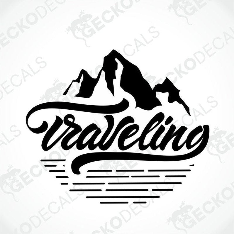 Black traveling die-cut decal with mountain silhouette and cursive text