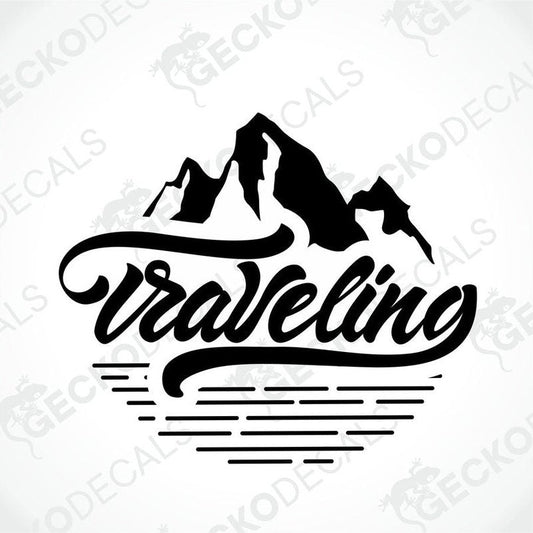 Black traveling die-cut decal with mountain silhouette and cursive text