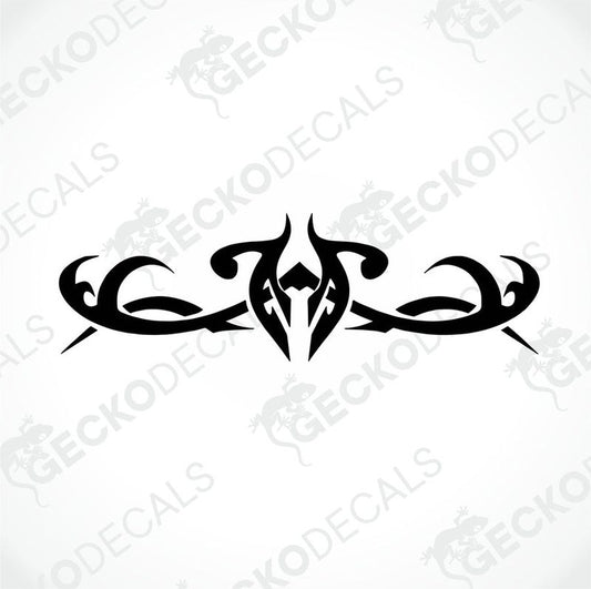 A black tribal pattern die cut decal on a white background, designed for use on both interior and exterior surfaces.