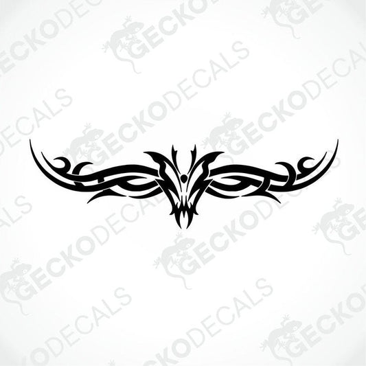A black tribal pattern die cut decal on a white background, intended for use on both interior and exterior surfaces.