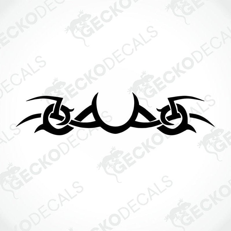 A black tribal pattern die cut decal on a white background, intended for use on both interior and exterior surfaces.