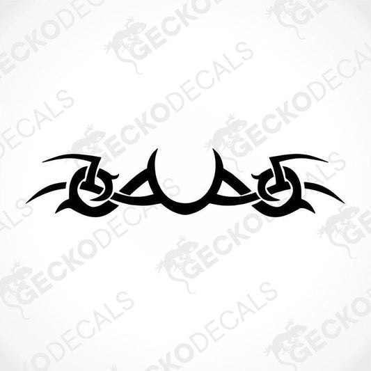 A black tribal pattern die cut decal on a white background, intended for use on both interior and exterior surfaces.