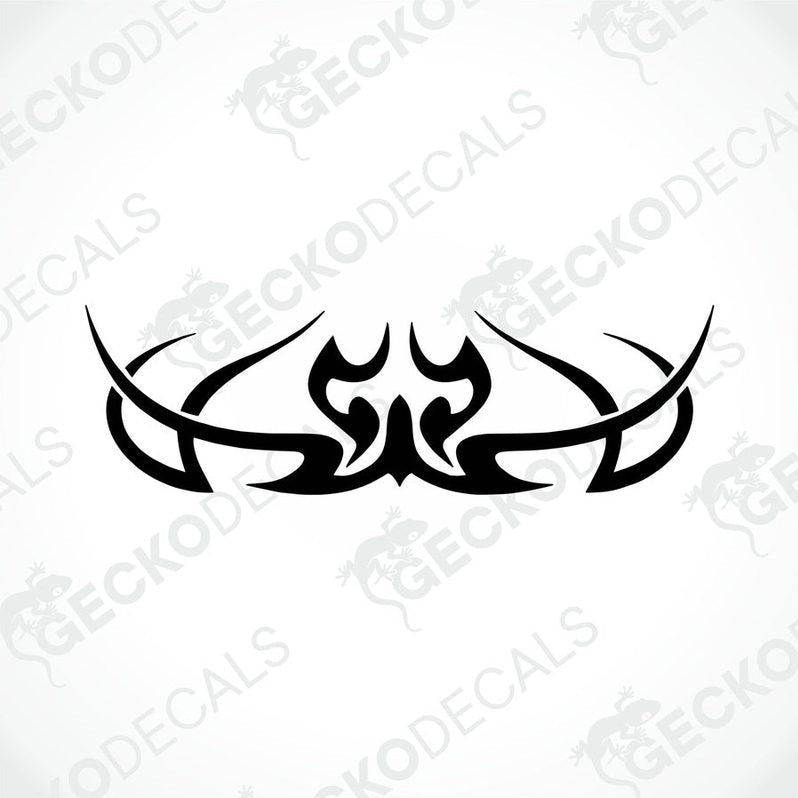 A black tribal pattern die cut decal intended for use on vehicles.