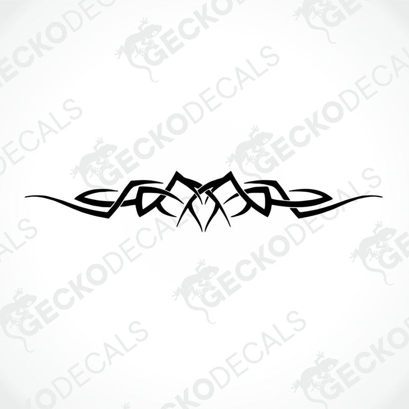 A black tribal pattern die cut decal on a white background, intended for use on both interior and exterior surfaces.