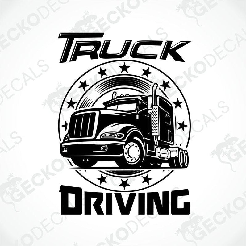 A black and white die cut decal with a truck illustration and the text 'Truck Driving' encircled by stars.