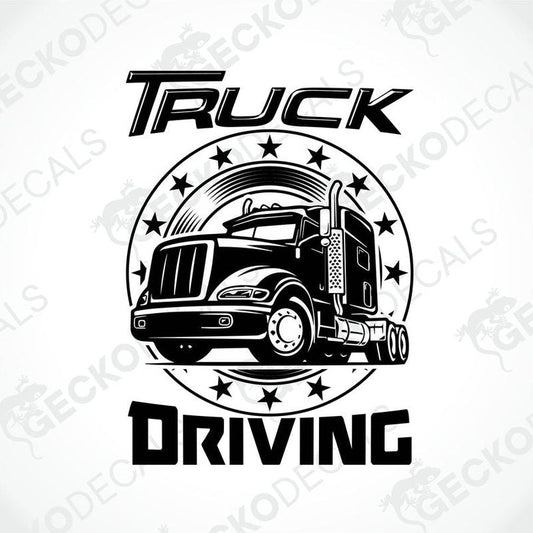 A black and white die cut decal with a truck illustration and the text 'Truck Driving' encircled by stars.