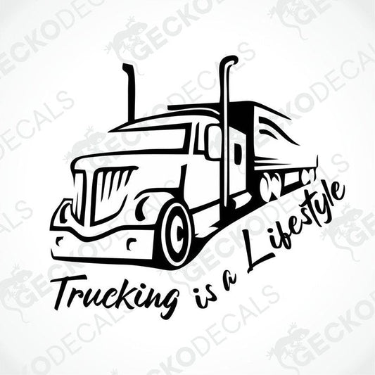 A black and white design decal featuring a truck with the phrase 'Trucking is a Lifestyle' on it.