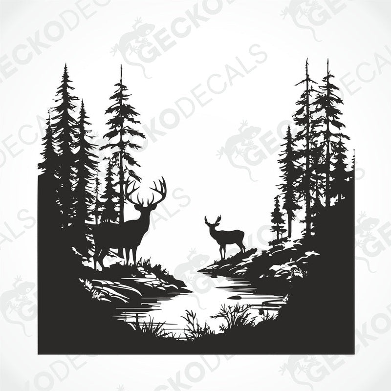 A die cut decal of two deer in a forest setting, intended for use on vehicles or other surfaces.