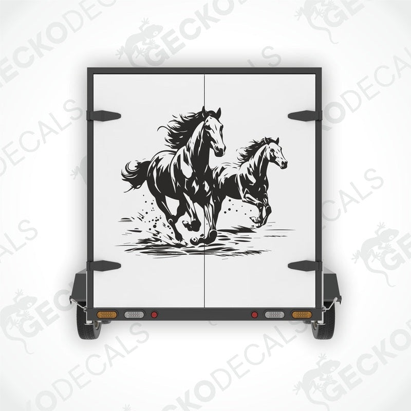 A decal featuring two horses running, intended for use on a vehicle.