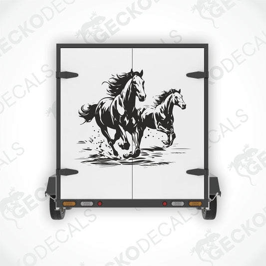 A decal featuring two horses running, intended for use on a vehicle.