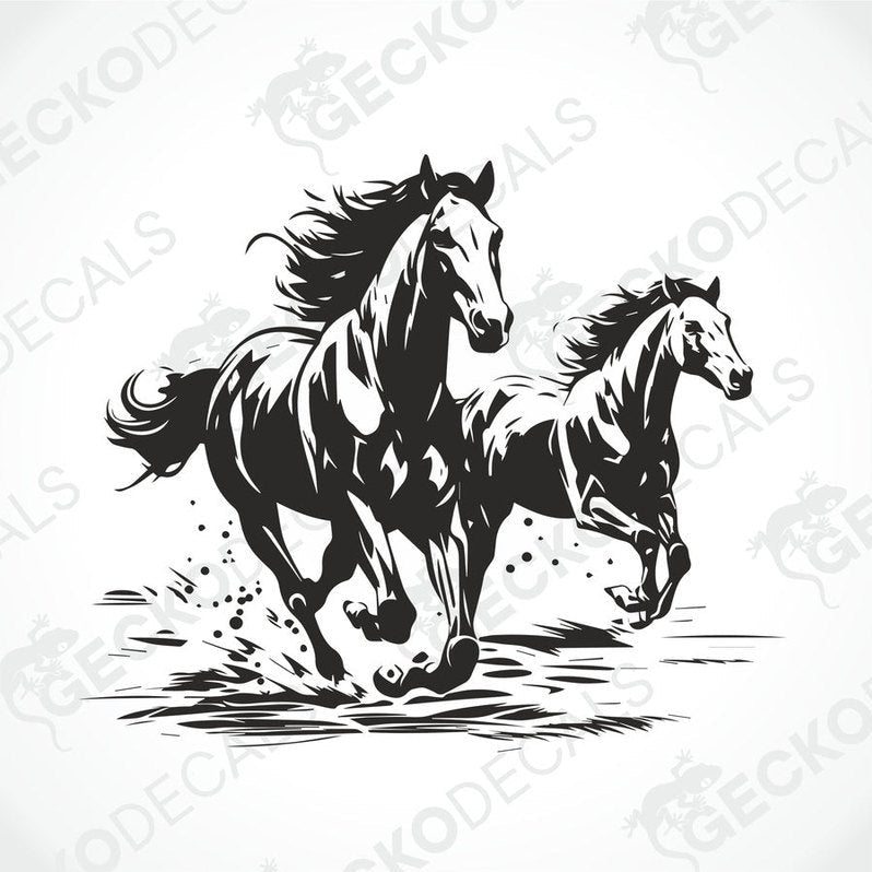 A die cut decal of two running horses on a white background.