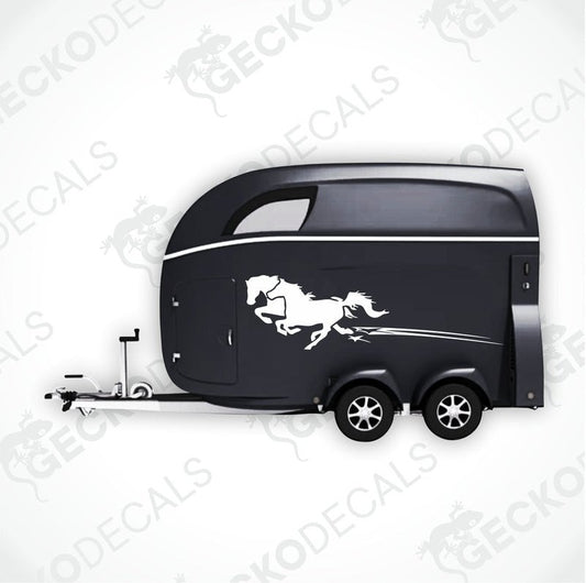 A black horse decal on the side of a black trailer, with the text 'GECKODECALS.COM' visible.