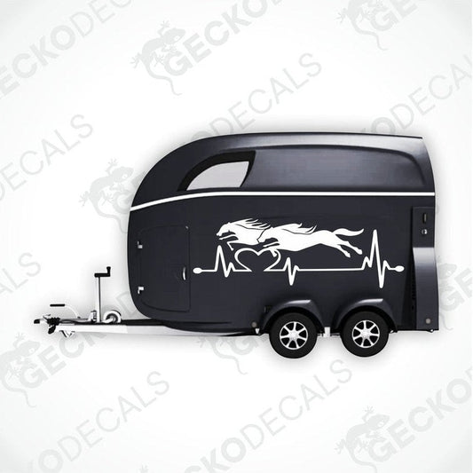 A set of two black decals featuring a running horse with a heartbeat line.