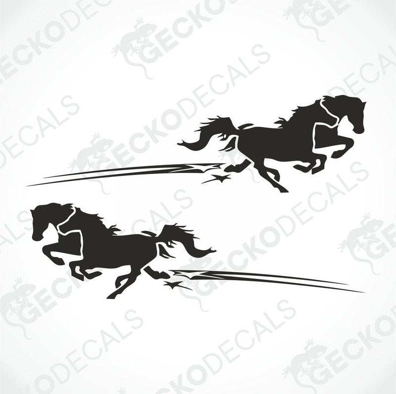 Two black die cut decals of running horses on a white background.