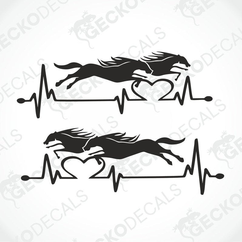 A set of two black decals featuring a running horse with a heartbeat line.