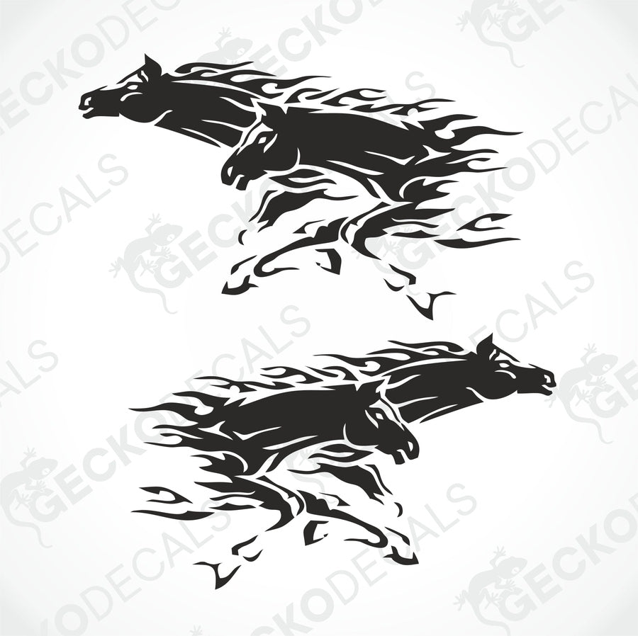 Two black die cut decals of running horses with tribal designs on a white background.